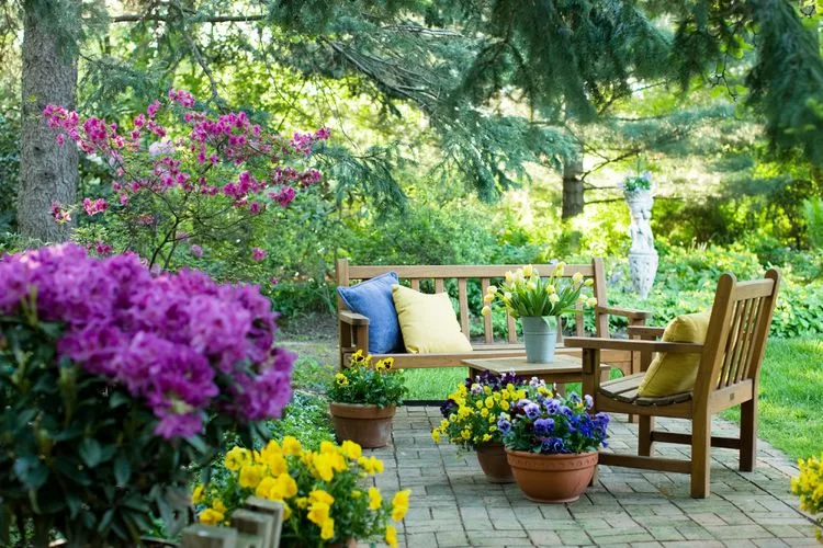 A backyard showcasing a beautiful garden